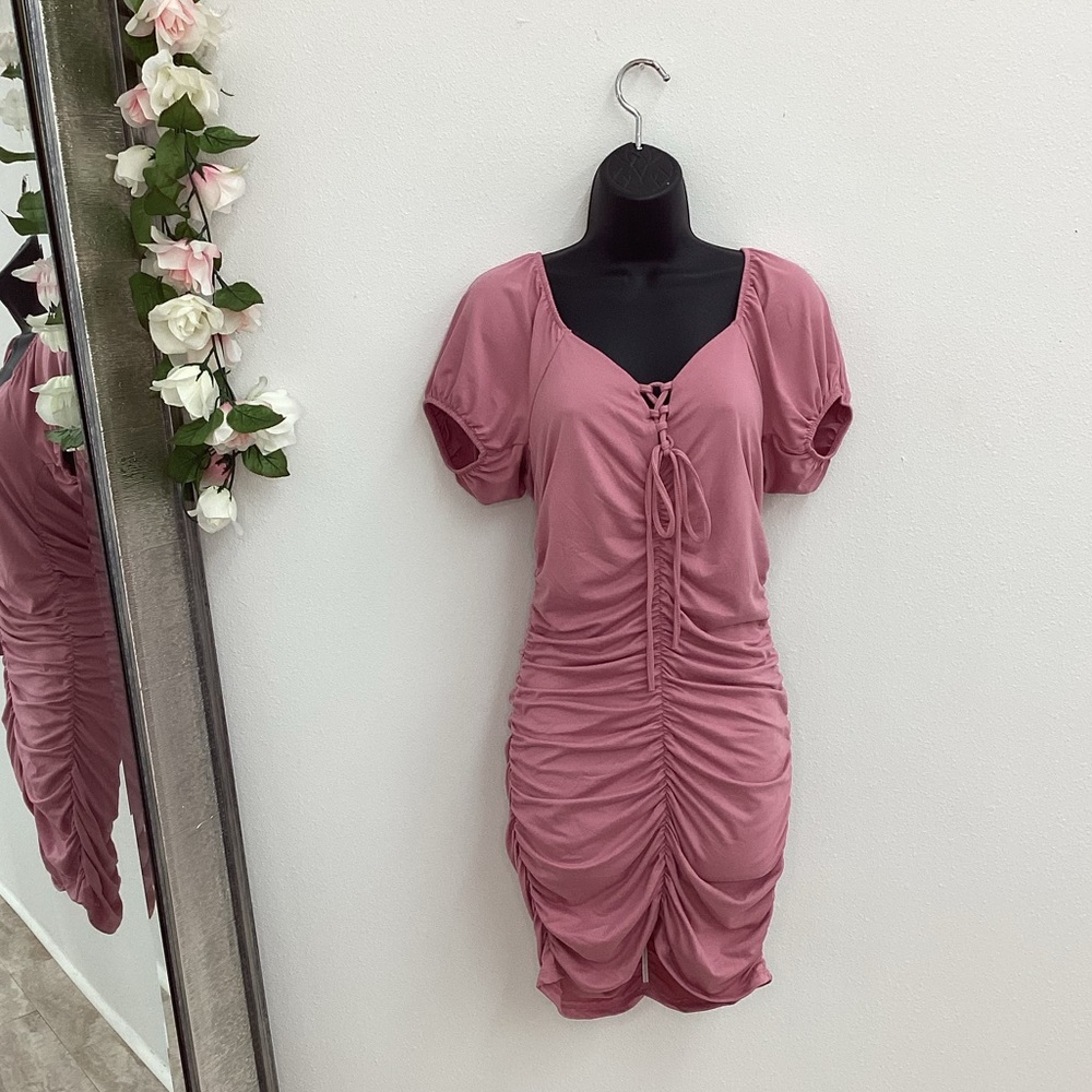 Pink lace up short sleeve mini dress